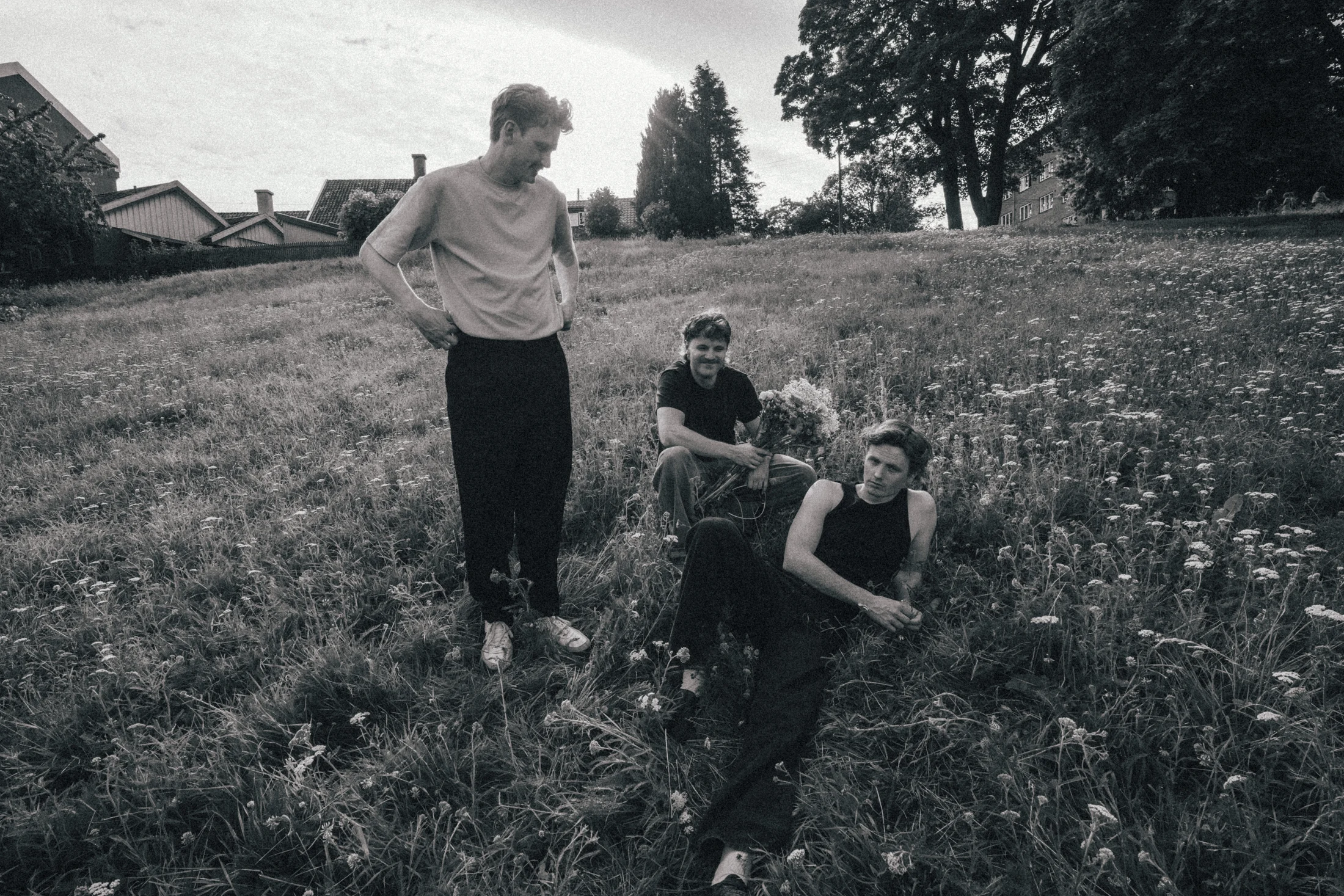 the three members of daytrip standing in a wildflower field